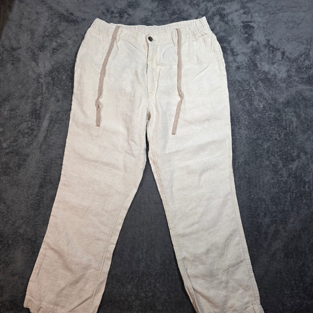 Caribbean Pants Mens 34x30 100% Linen Beige Oatmeal Drawstring Tropical